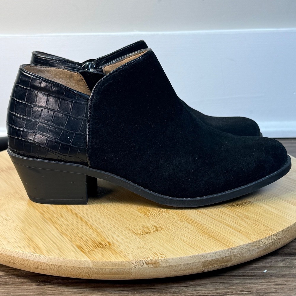 Vionic Marissa Ankle Boots Womens 6.5 Black Suede Croc Leather Block Heel Zip